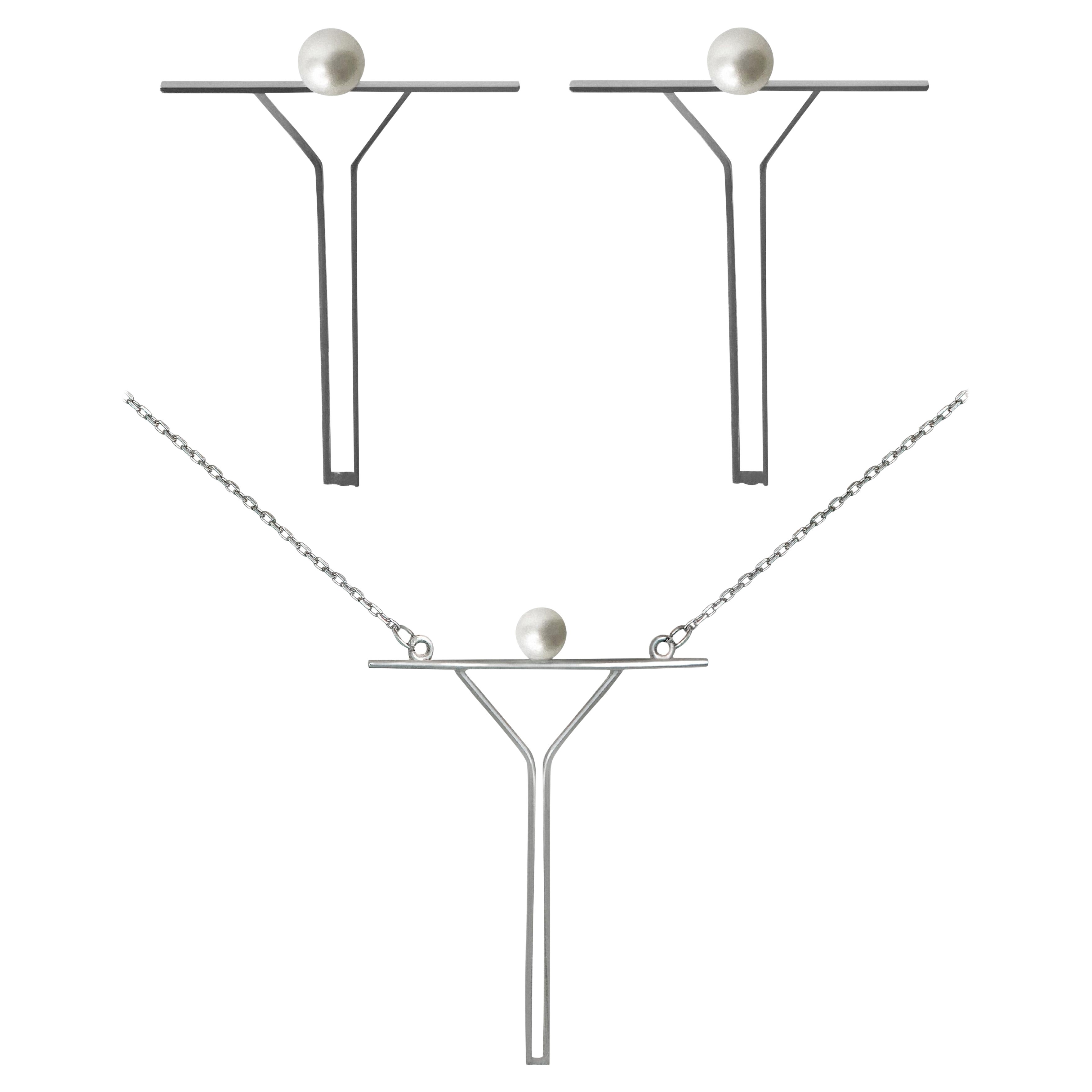 Minimalist Pearl Contemporary Pendant on Chain and Earrings 925 Sterling Silver For Sale