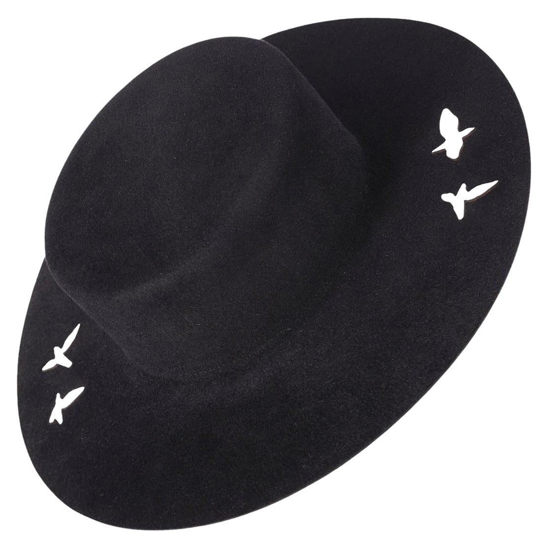 Black Felt Wide-Brim Hat with Flying Bird Motif Minimalistic Contemporary Design