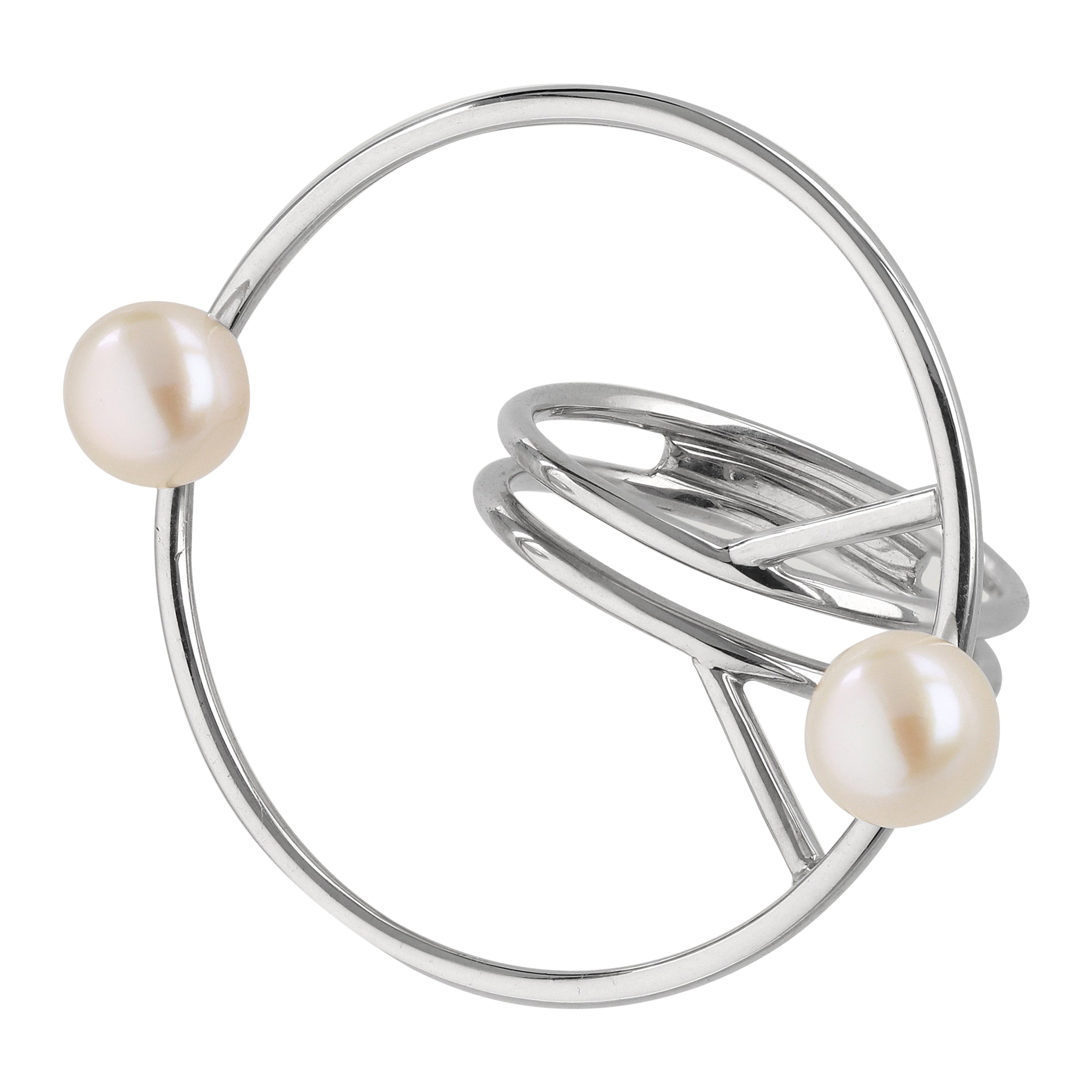 Modern gilding silver 925 coktail ring, natural pearls with minimalistic lines For Sale