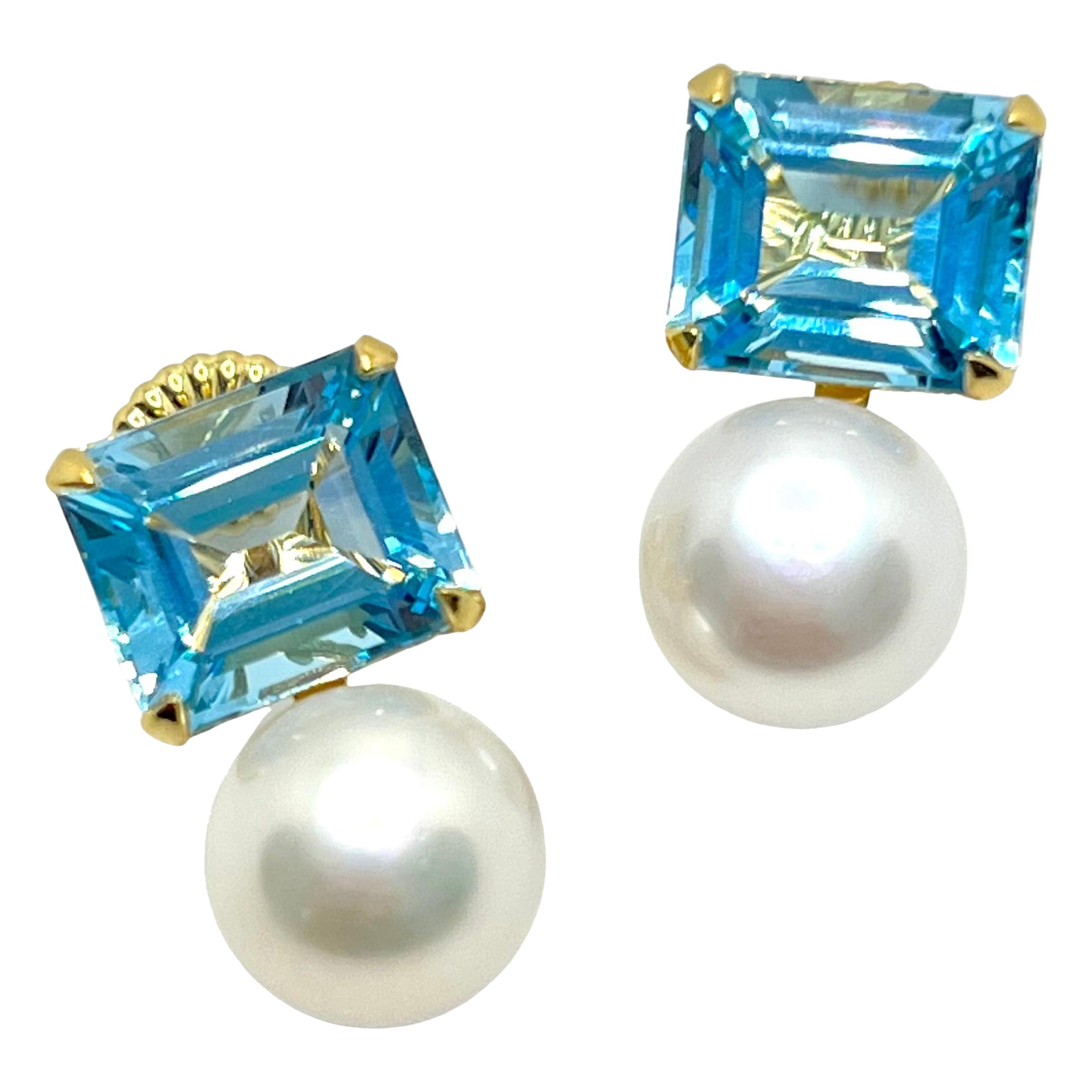 Emerald-cut Blue Topaz and Freshwater Pearl Earrings