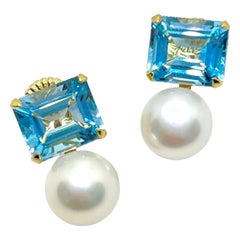 Pendientes de topacio azul talla esmeralda y perla de agua dulce