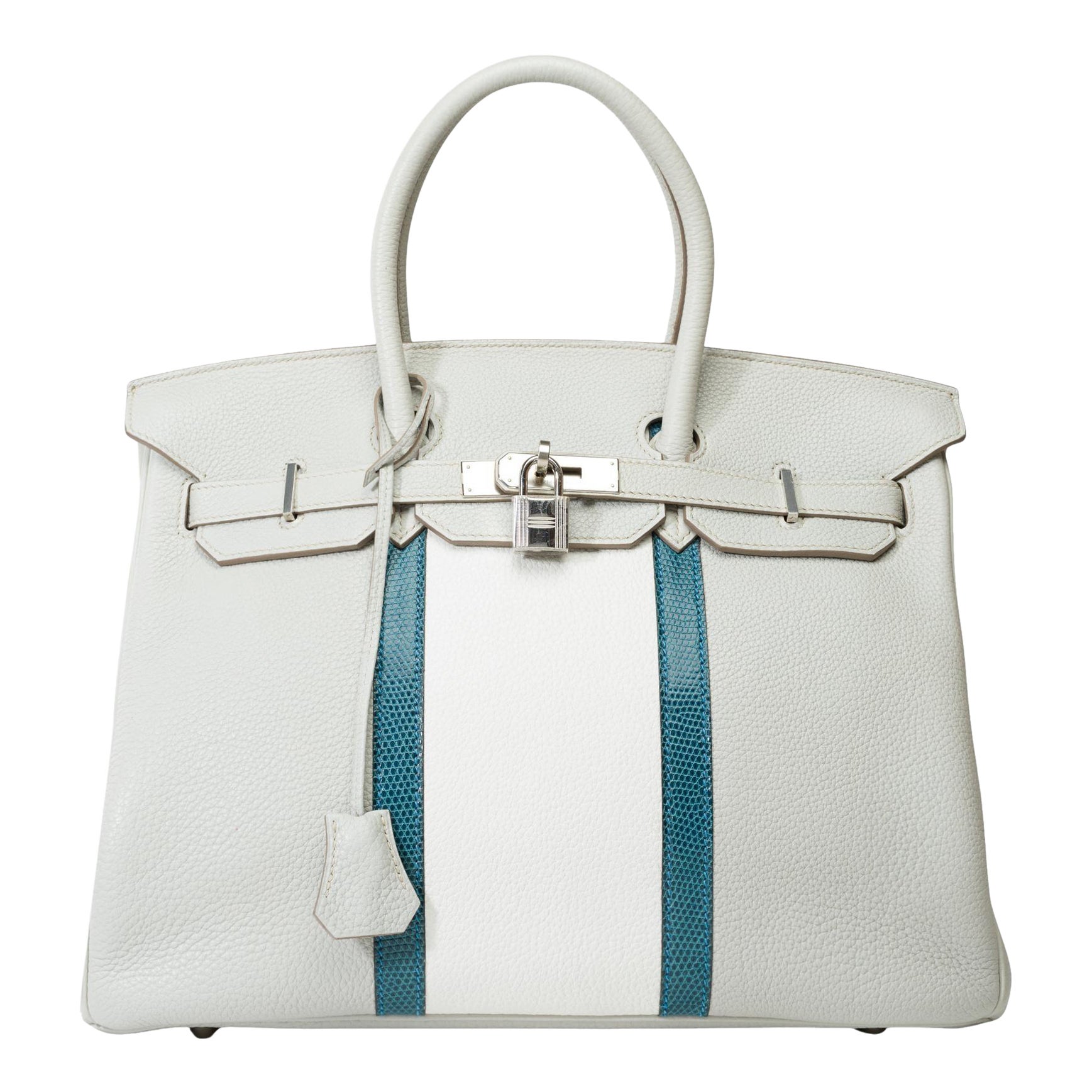 Rare Hermès Birkin Club 35 handbag in grey, white leather and blue lizard, PHW For Sale