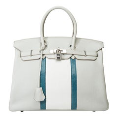 Rare sac à main Hermès Birkin Club 35 en gris, cuir blanc et lézard bleu, PHW