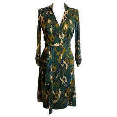 Diane Von Furstenberg dress in military print, iconic wrap dress.