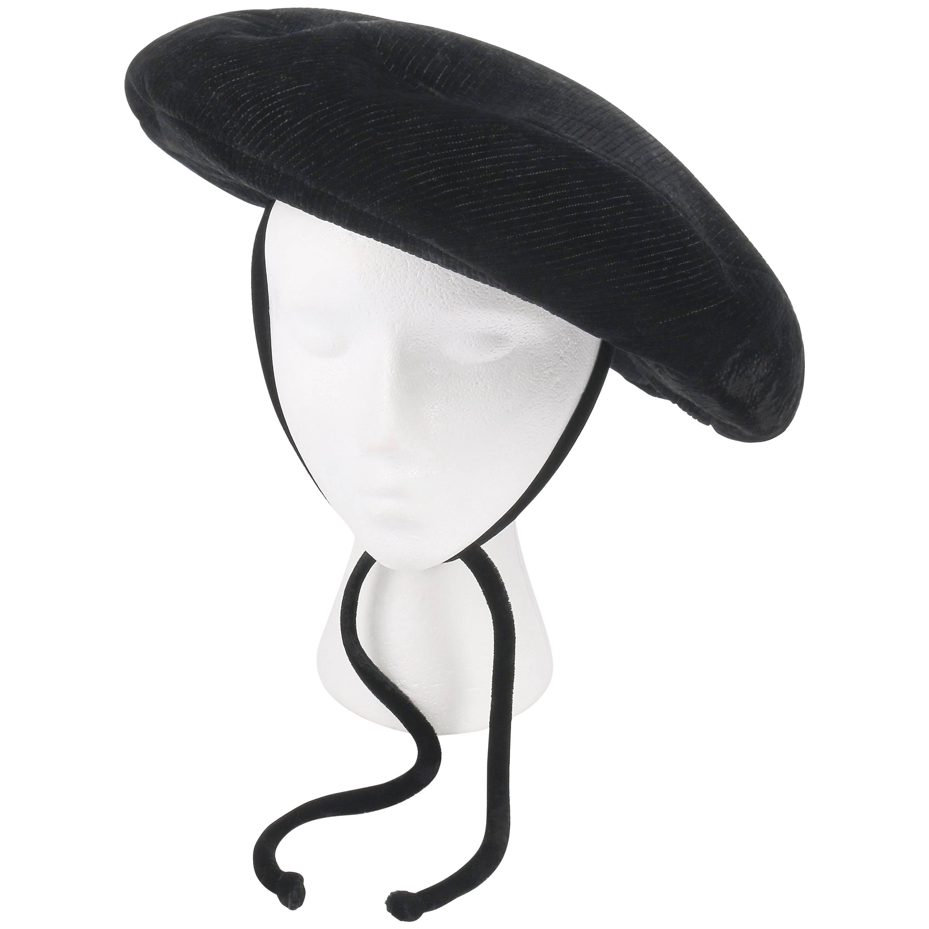 YVES SAINT LAURENT c.1960's YSL Mod Black Velvet Saucer Tam Hat