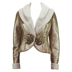 Valentino A/I 2006 Giacca in pelle di agnello e shearling oro metallizzato impreziosita da un'etichetta