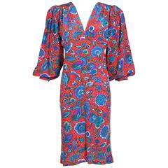 Vintage Yves Saint Laurent YSL Silk Floral & Polka Dot Day Dress w/Deep V-Neck