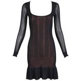 Alaia Mini Vestido De Manga Larga De Viscosa Estirada Negro Con Dobladillo Acampanado