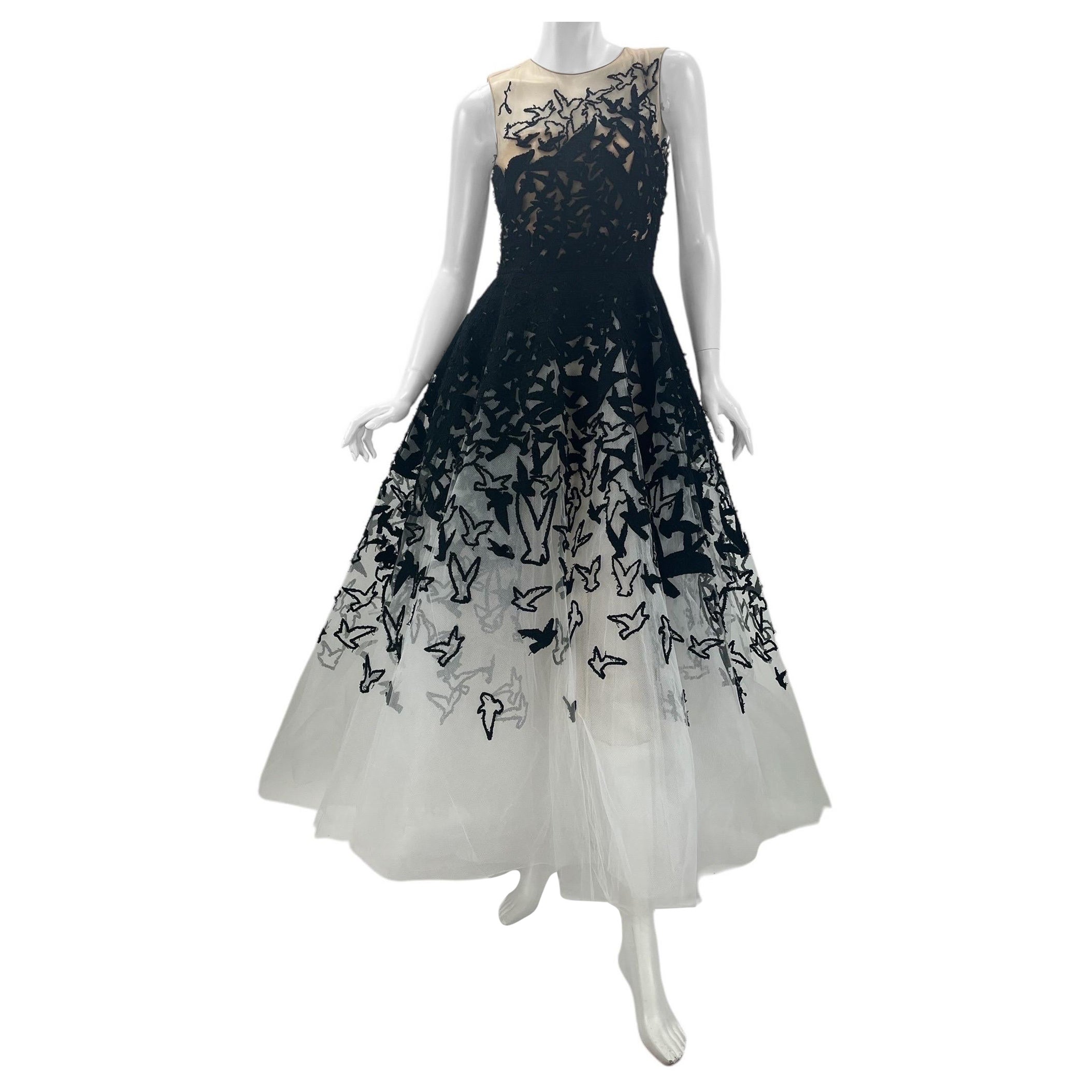 Oscar de la Renta Schwarzes, weißes, Vogel-weißes Tüllkleid im Angebot