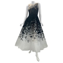 Oscar de la Renta Schwarzes, weißes, Vogel-weißes Tüllkleid