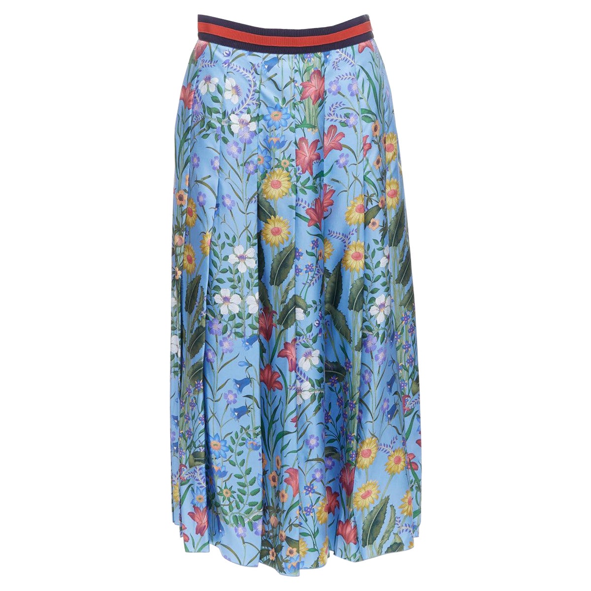 GUCCI 2016 New Flora 100% silk blue bloom pleated skirt IT42 M