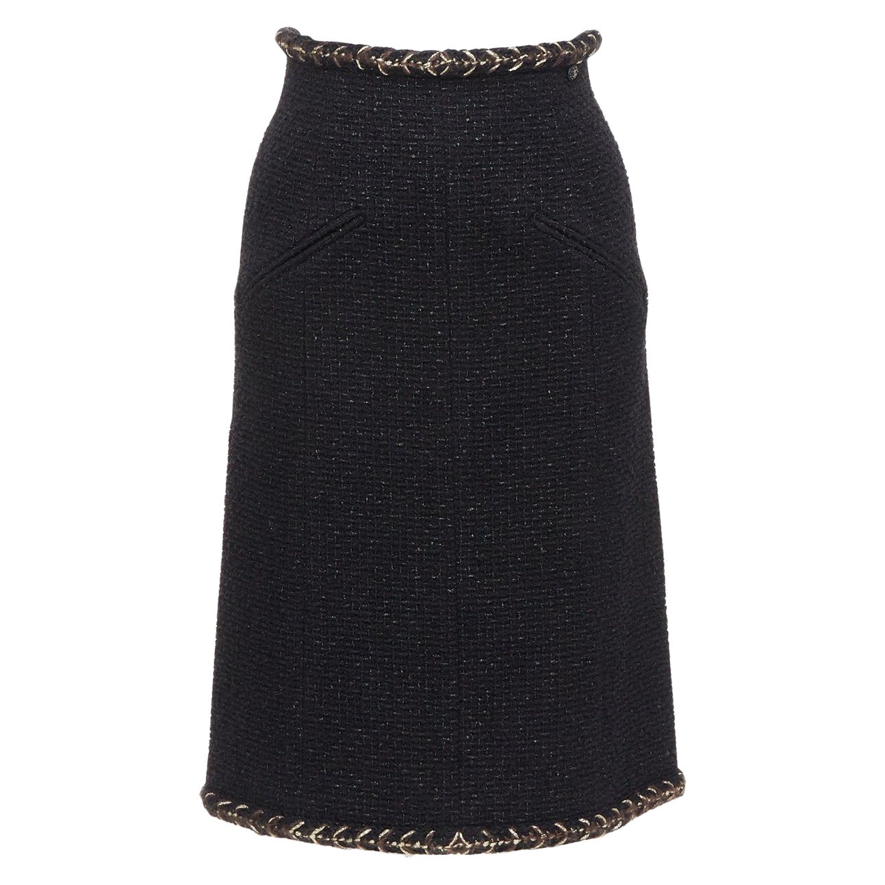 CHANEL 18K jupe en tweed de coton noir et marron garnie d'or tressé FR34 XS