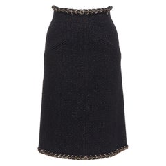 CHANEL 18K black cotton tweed brown gold braided trim tweed skirt FR34 XS