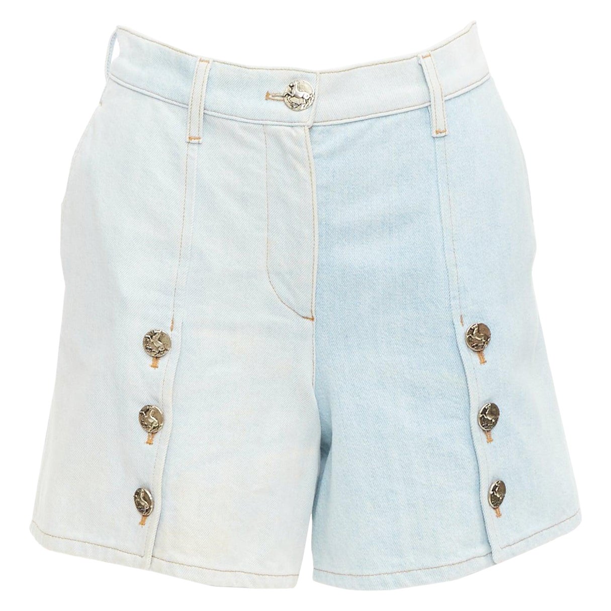 CHANEL 2018 Runway light blue washed denim horse buttons shorts FR34 XS