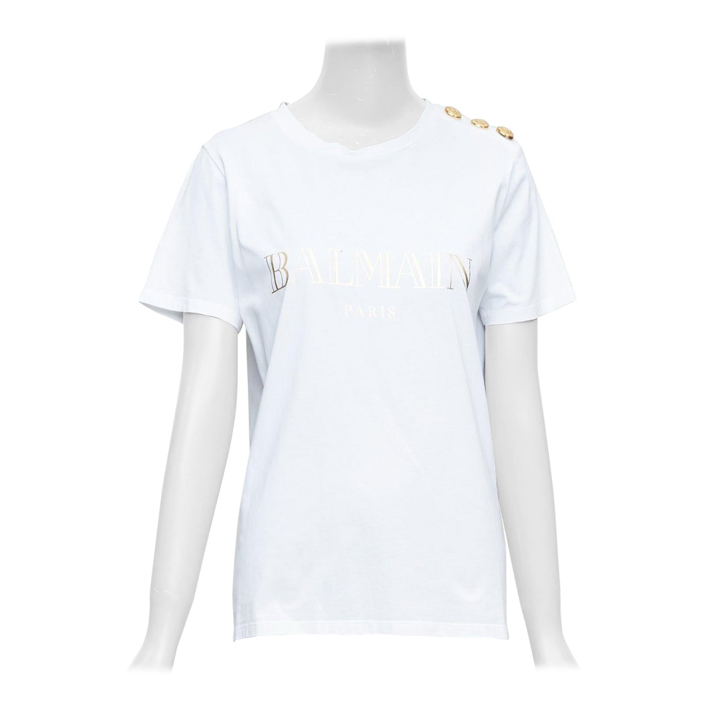 BALMAIN blanco metalizado dorado logo estampado botón hombro camiseta FR38 M