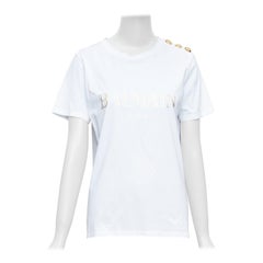 BALMAIN Weißes Metallic-Schulterhemd mit goldenem Folie-Logo und Knopfleiste FR38 M