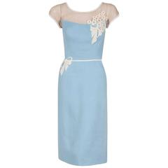 1950's Peggy Hunt Baby-Blue Linen Applique Illusion Hourglass Cocktail Dress 5