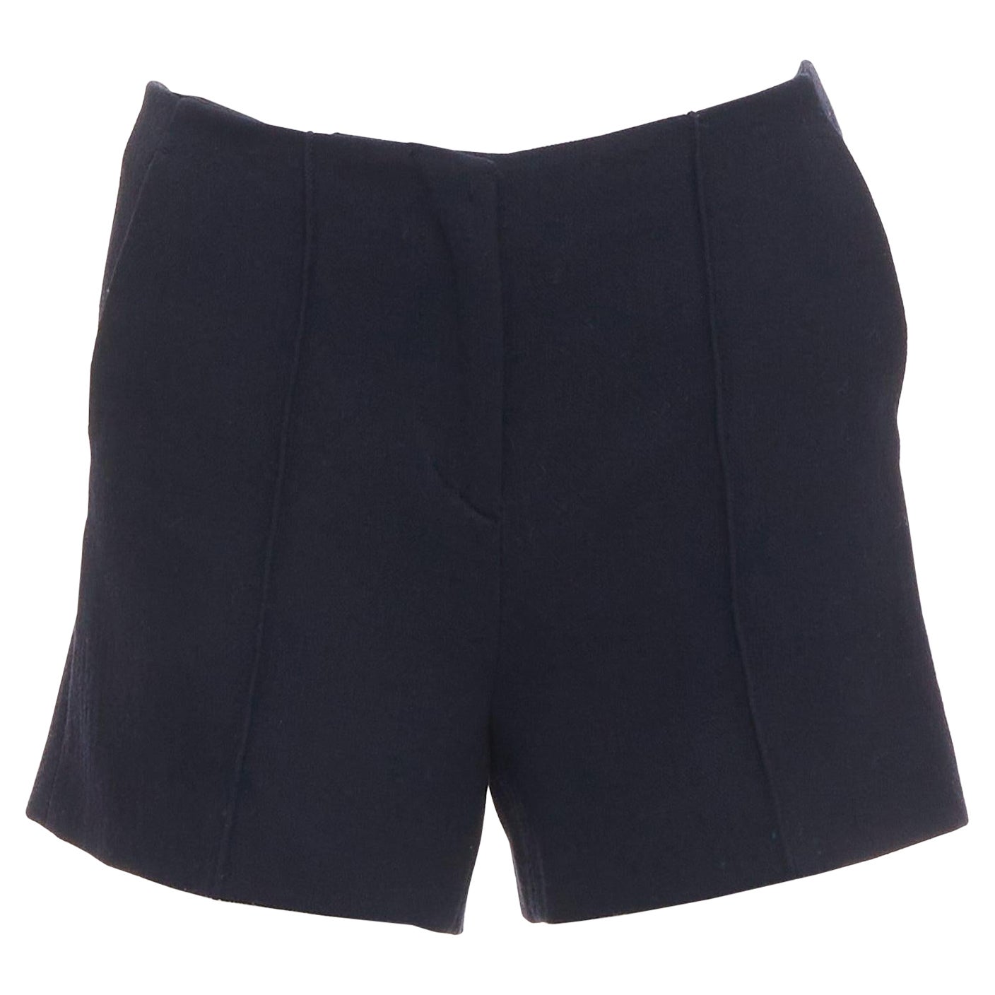 MIU MIU pantalón corto de cintura alta plisado delante de lana virgen negra IT36 XXS