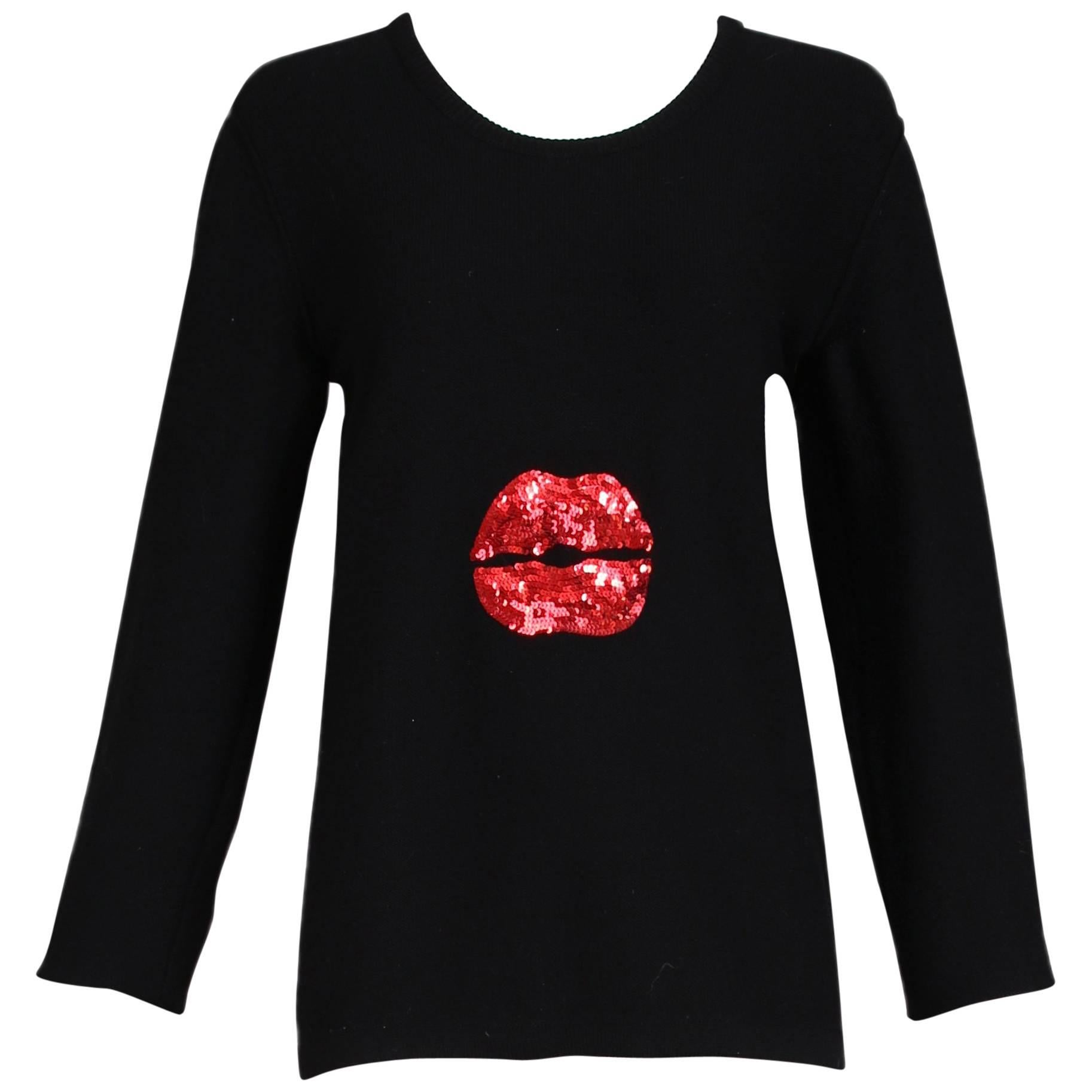 Pull à manches longues en laine et cachemire noir avec lèvres à paillettes rouges Sonia Rykiel Vtg en vente