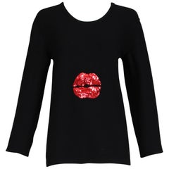 Vtg Sonia Rykiel Black Wool & Cashmere Long Sleeved Sweater W/Red Sequin Lips