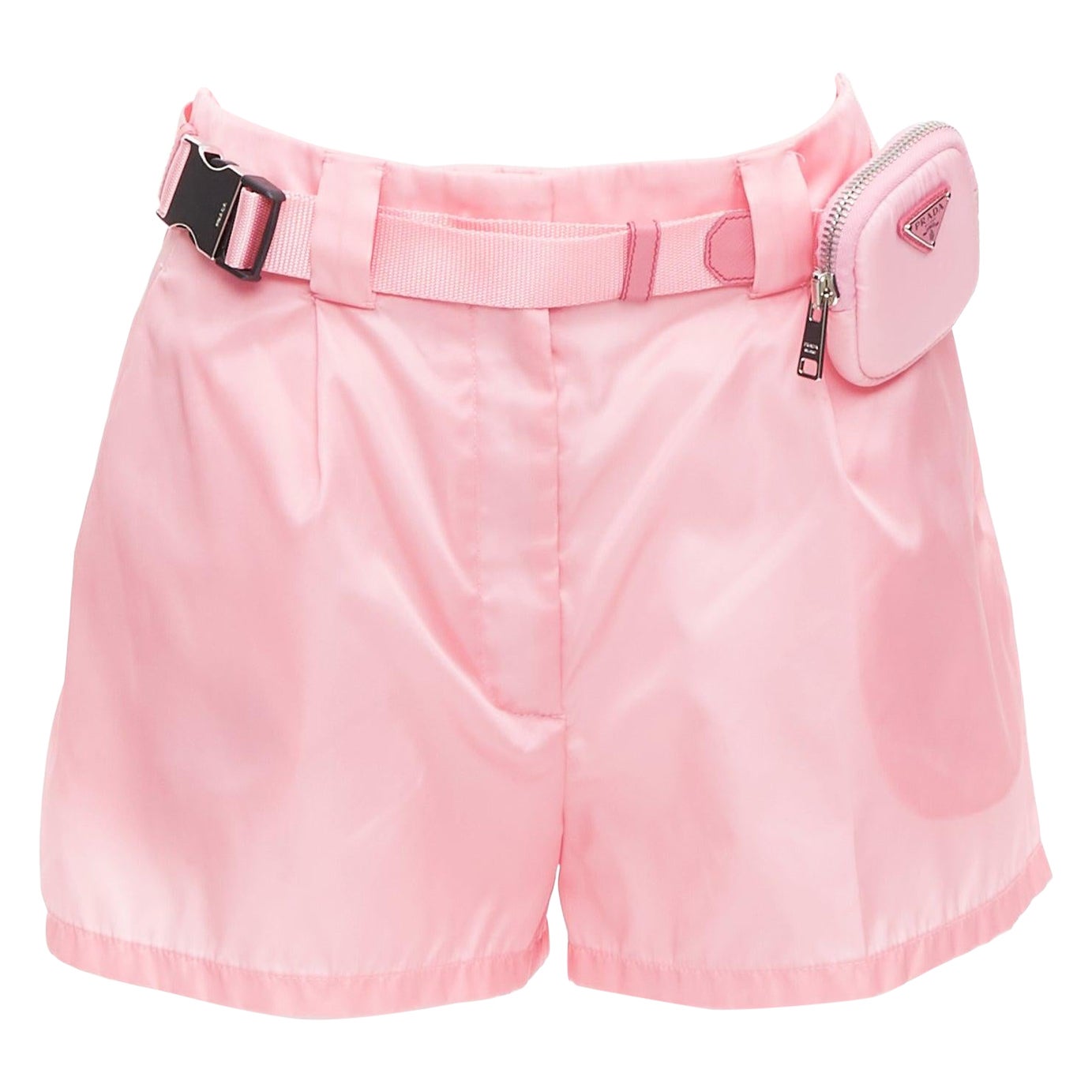 PRADA 2021 Re-Nylon rosa triangolo logo mini pantaloncini a vita alta IT38 XS