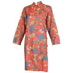 1970s Yves Saint Laurent YSL Silk Tunic Dress W/Chinoiserie Print & Nehru Collar
