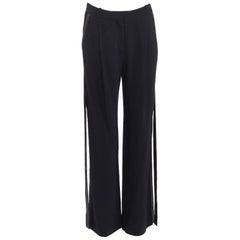 GIVENCHY black silk ribbon fringe trim wide leg trousers