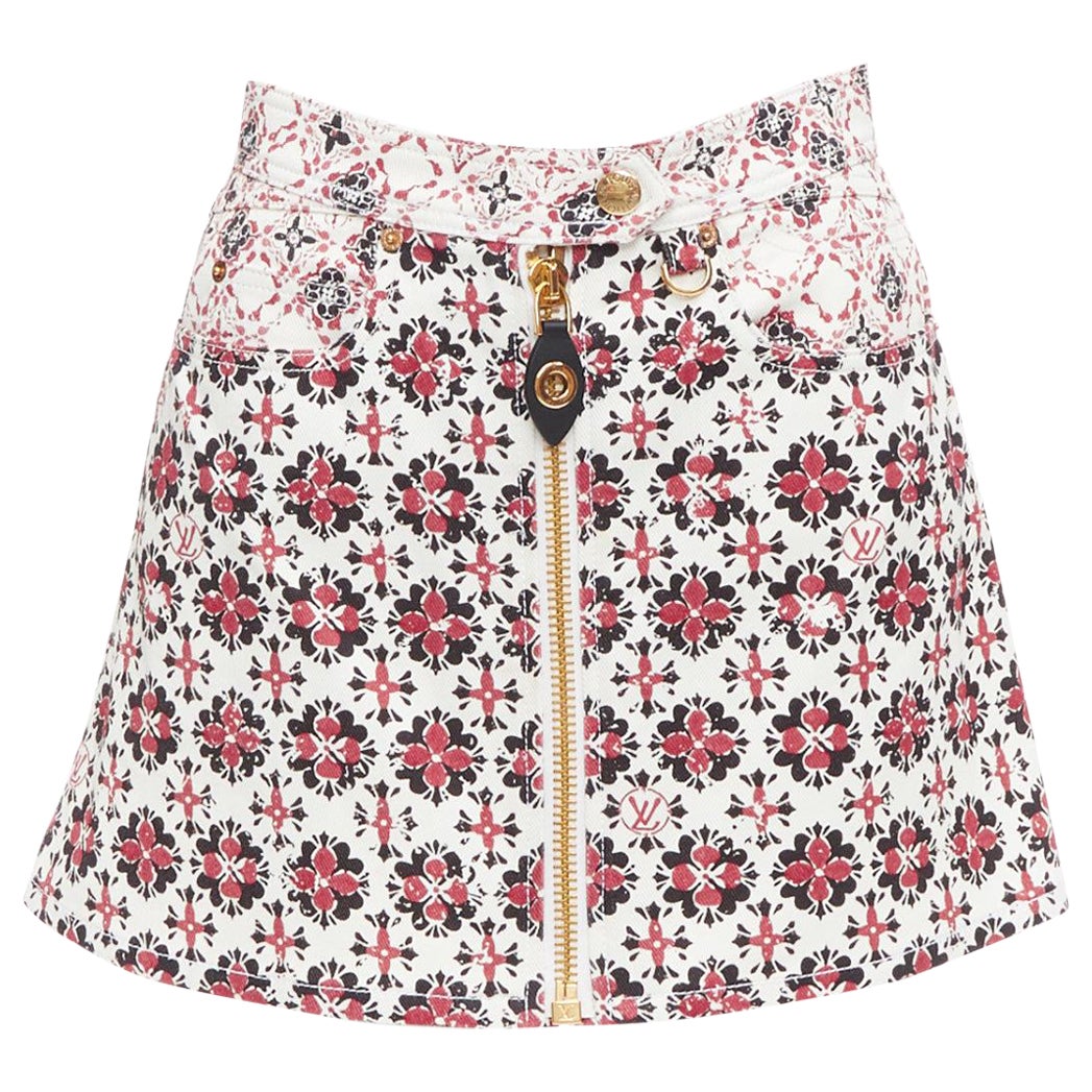 LOUIS VUITTON 2023 Vintage Monogramme rouge crème imprimé floral Jupe à fermeture éclair FR34