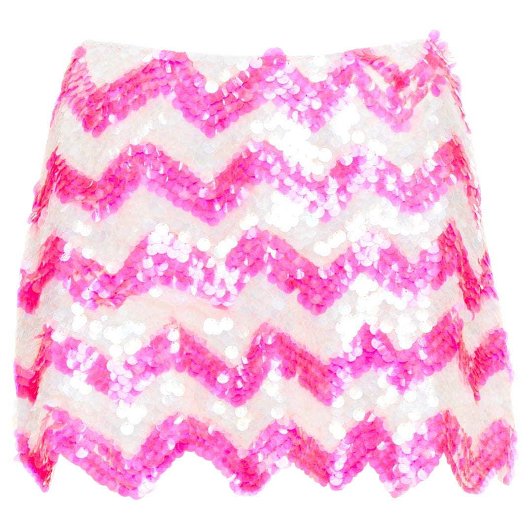 ASHISH white neon hot pink chevron paillettes sequin mini skirt XS
