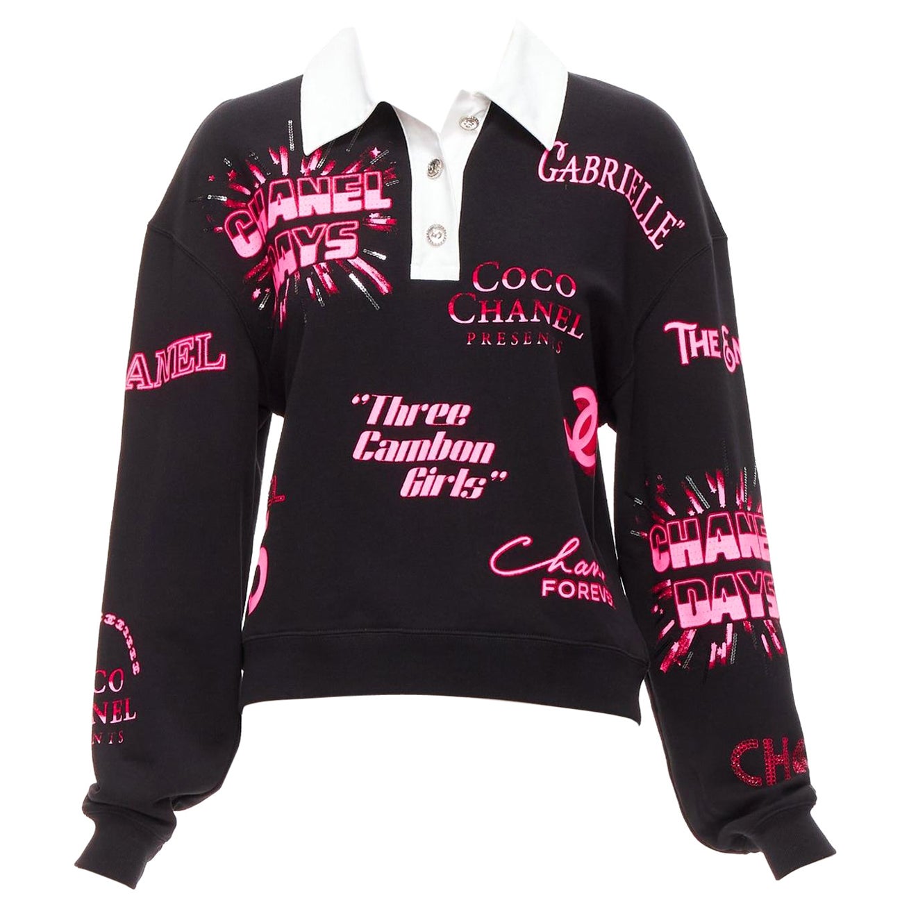Chanel rosa neon nero logo CC grafico cotone 5 bottoni argento polo S