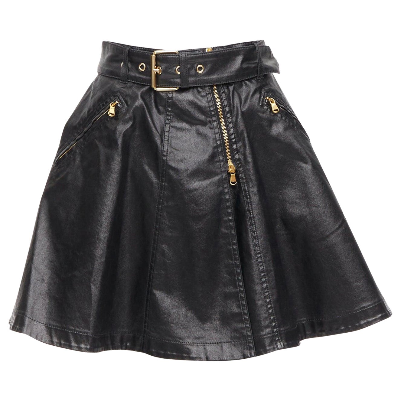 MOSCHINO falda skater biker de algodón recubierto negro con detalles dorados  IT38 XS en venta