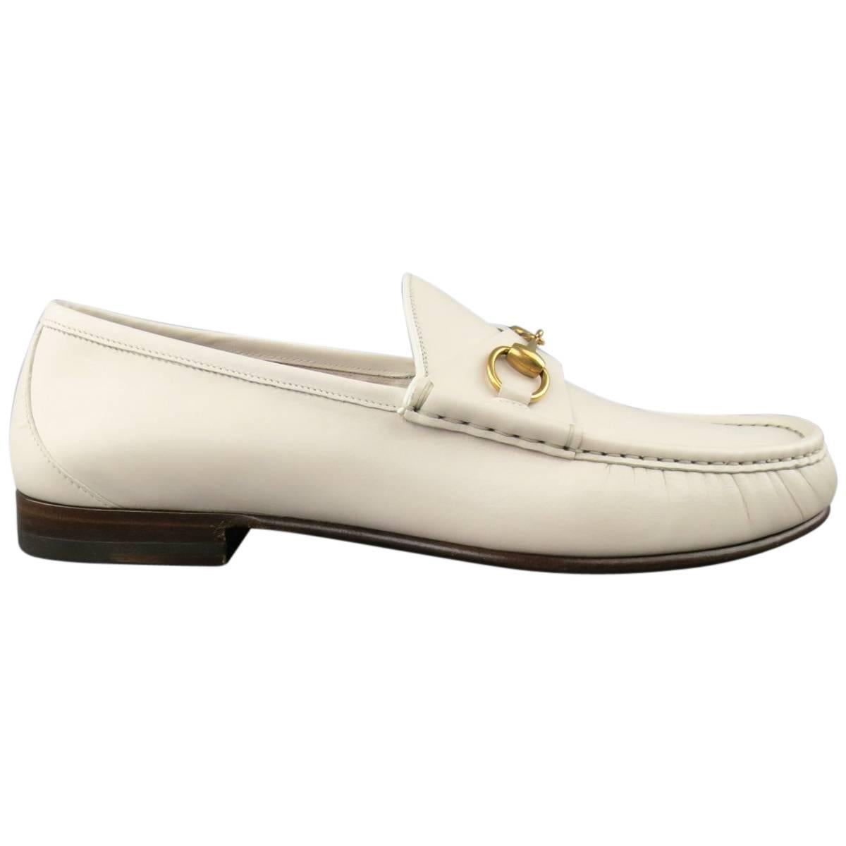 New Men's GUCCI Size 10.5 Off White Leather Gold Horsebit Loafers