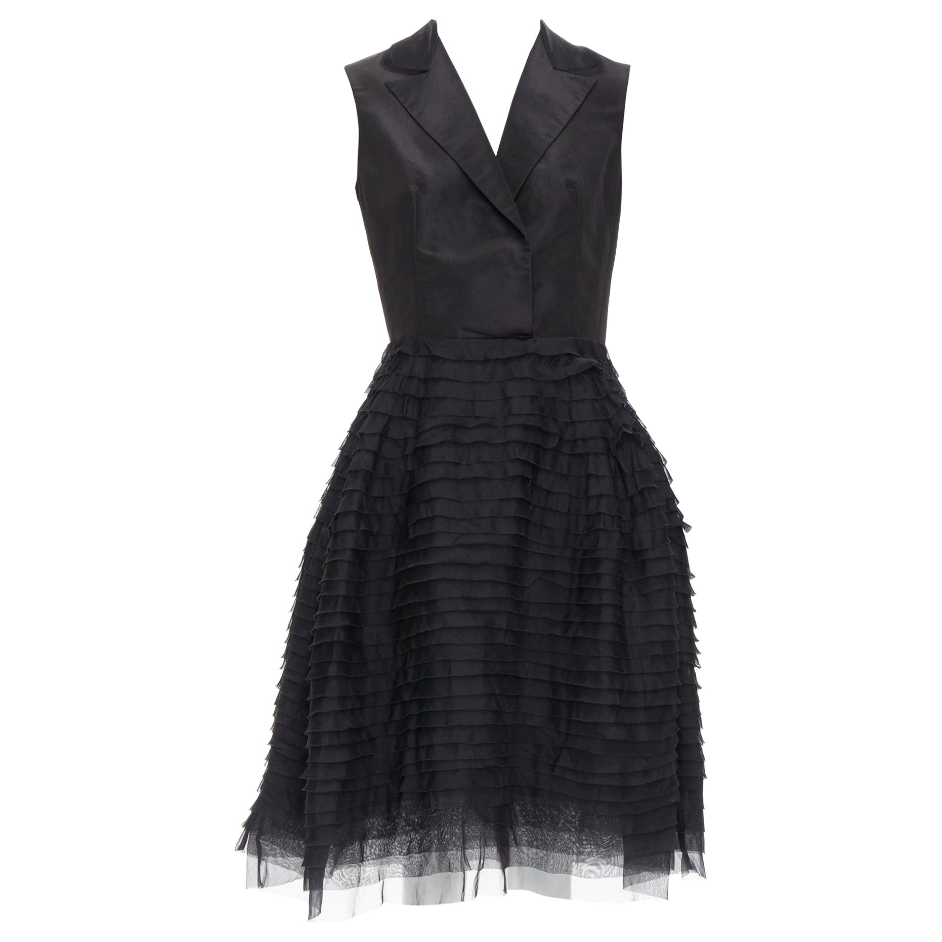 OSCAR DE LA RENTA R14 100% silk black peak collar tiered puff dress US4 S
