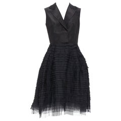OSCAR DE LA RENTA R14 Vestido abullonado con cuello de pico en 100% seda negra US4 S