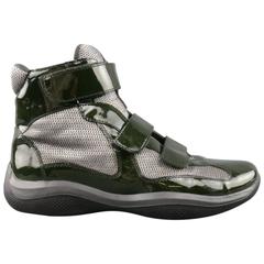 Men's PRADA Size 10.5 Olive & Grey Patent Leather & Mesh Velcro Sneaker Boots