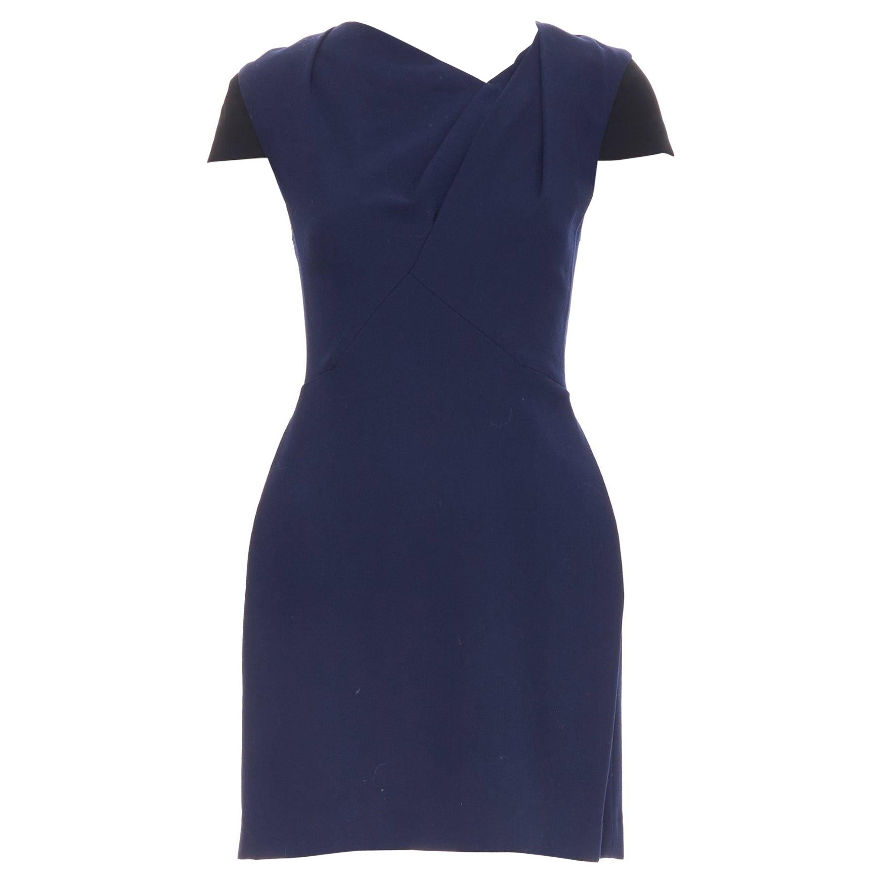 ROLAND MOURET navy blue wool blend cap sleeve asymmetric shift dress UK6 XS