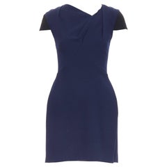 ROLAND MOURET navy blue wool blend cap sleeve asymmetric shift dress UK6 XS