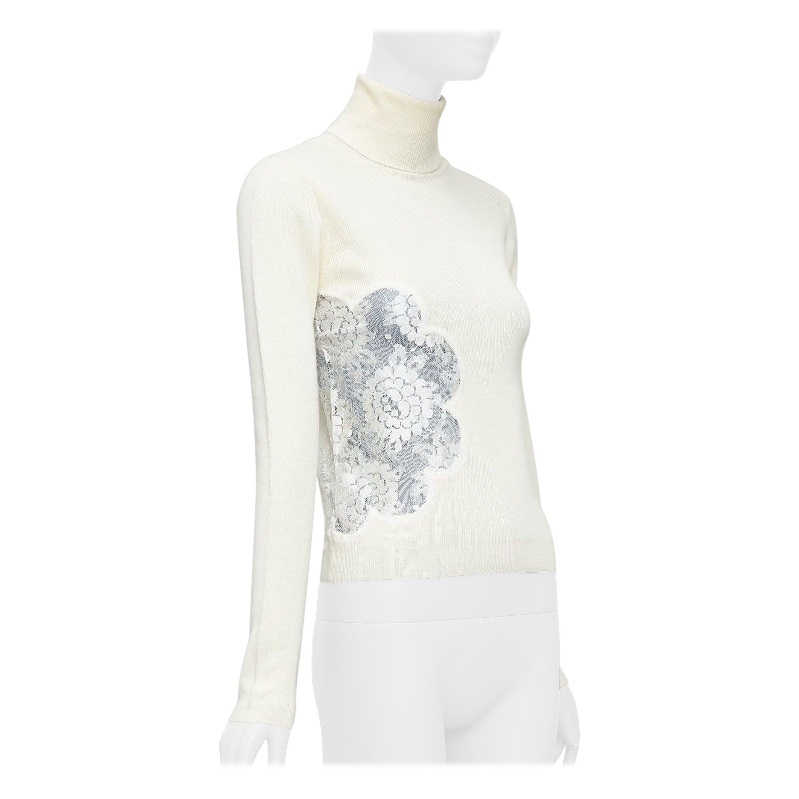 D&G by DOLCE & GABBANA crema in lana merino floreale  dolcevita in pizzo trasparente IT42 M in vendita
