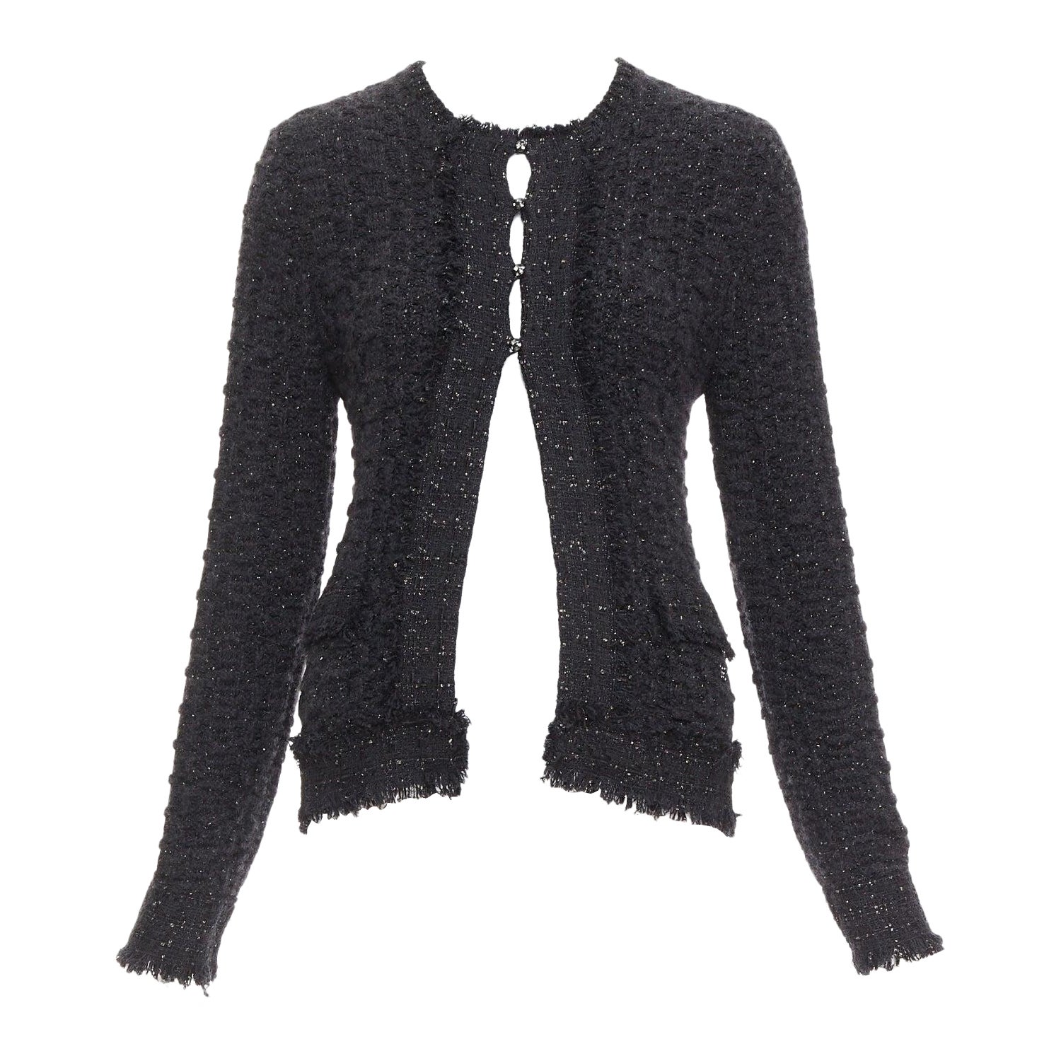 CHANEL 05A noir tweed métallisé argent logo CC veste cardigan FR38 M