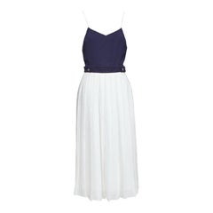 VVB VICTORIA BECKHAM navy white pleated buttoned strappy midi dress