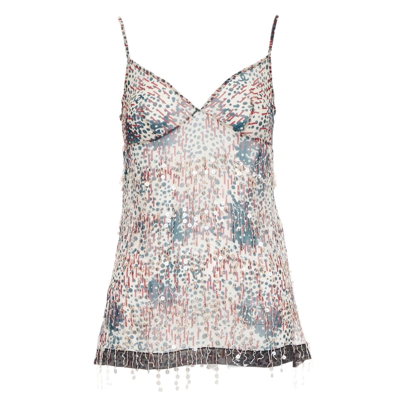 CHANEL 02A camisole transparente à franges et appliques à sequins rouge beige FR38 M en vente