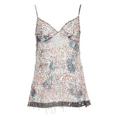 Chanel 02A beige rosso con paillettes e frange applicate, canotta trasparente FR38 M.