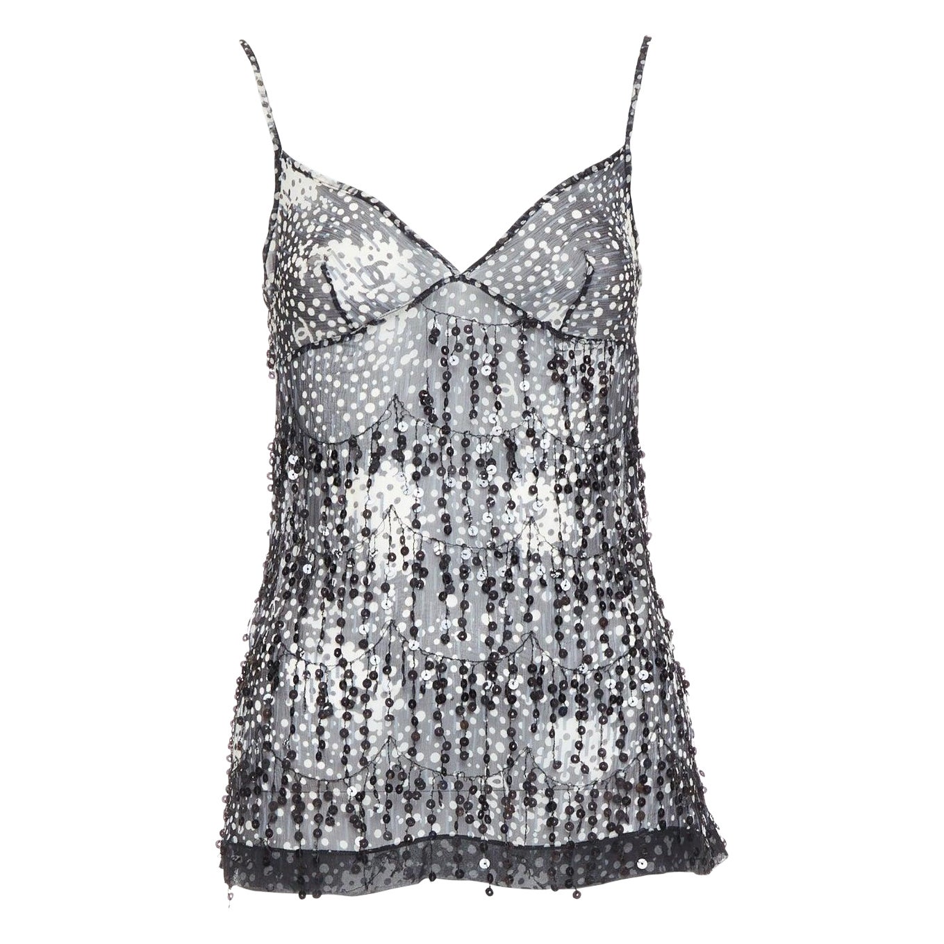 CHANEL 02A camisole à franges et appliques à sequins noirs et gris FR38 M