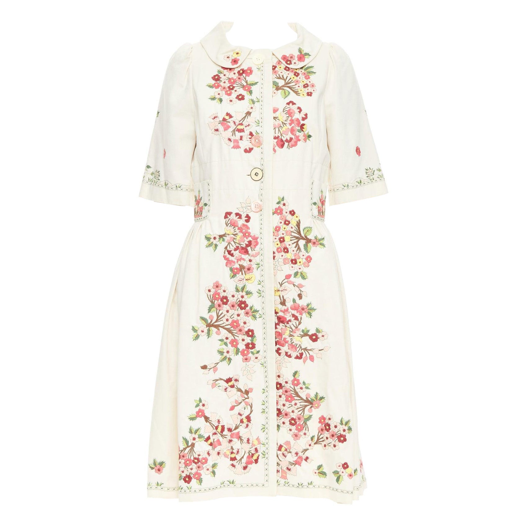 KENZO rosa crema bordado floral algodón vestido peter pan FR38 M
