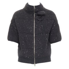 BRUNELLO CUCINELLI Kaschmir-Strickjacke mit gepolstertem Kragen aus dunkelgrauem Paillettenbesatz M