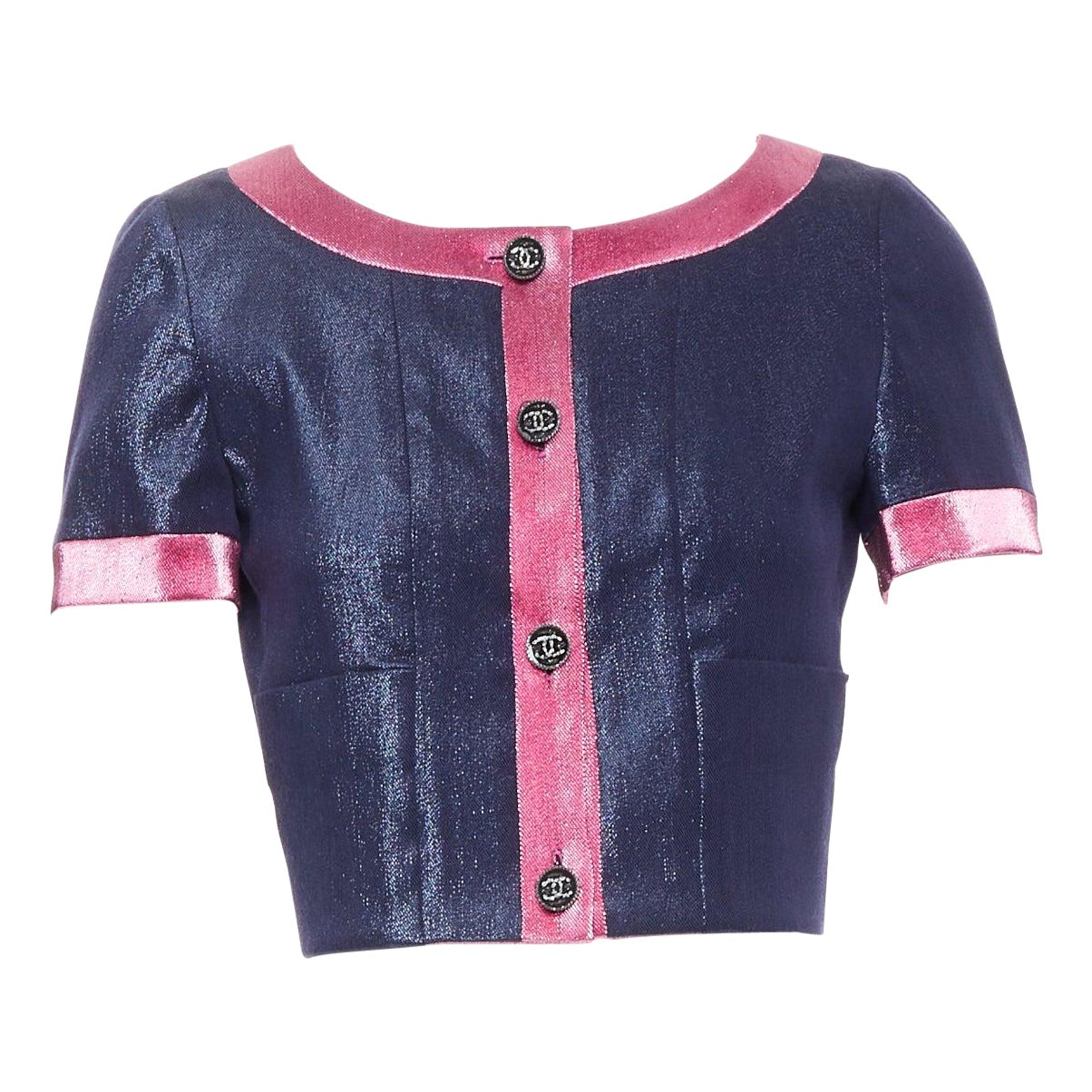 CHANEL 22K navy pink metallic wool blend cropped jacket FR36 S