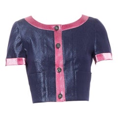 CHANEL 22K navy pink metallic wool blend cropped jacket FR36 S