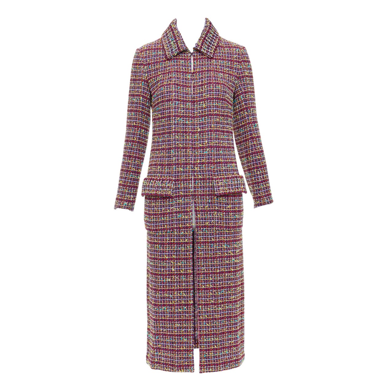 CHANEL 2023 Runway pink yellow multicolor tweed  CC button long coat FR36 S