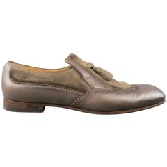 Men's GUCCI Size 10.5 Distressed Taupe & Suede Leather Wingtip Tassel Loafers