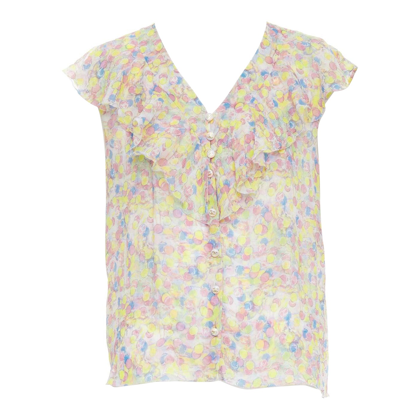 Chanel 2011 100% seta Vintage cerchio pastello CC logo volant blusa FR42 XL